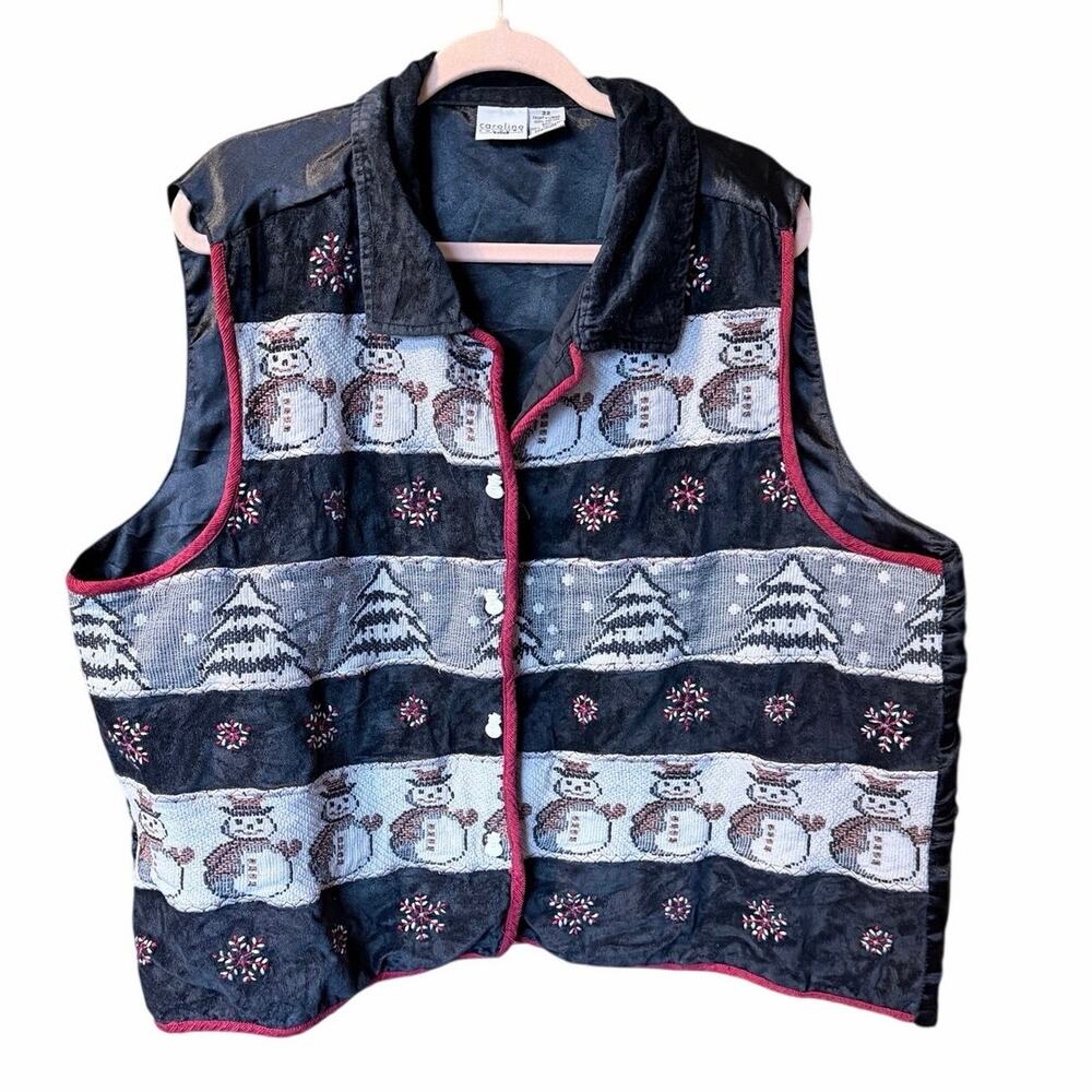 Vintage black plus size 22W snowman Christmas holiday vest velvet button front